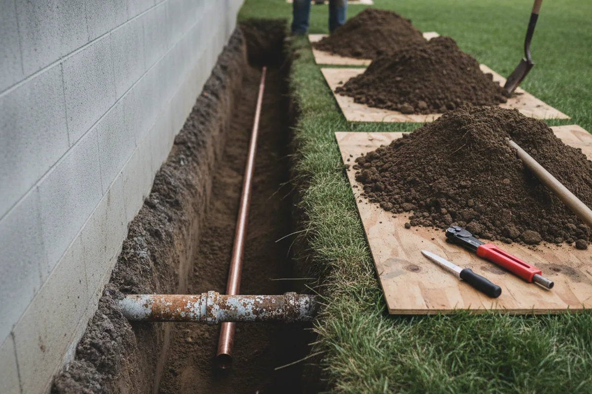 Excavated water line trench during Water Heater Repair in Paragon